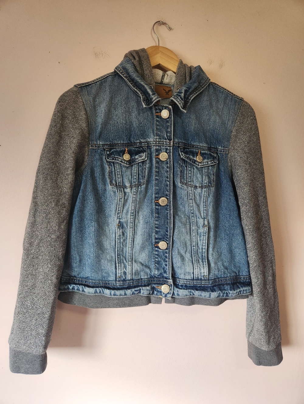 American Eagle Mixed Media Denim Hoodie Jacket Grey Sleeves Hybrid Trucker XL